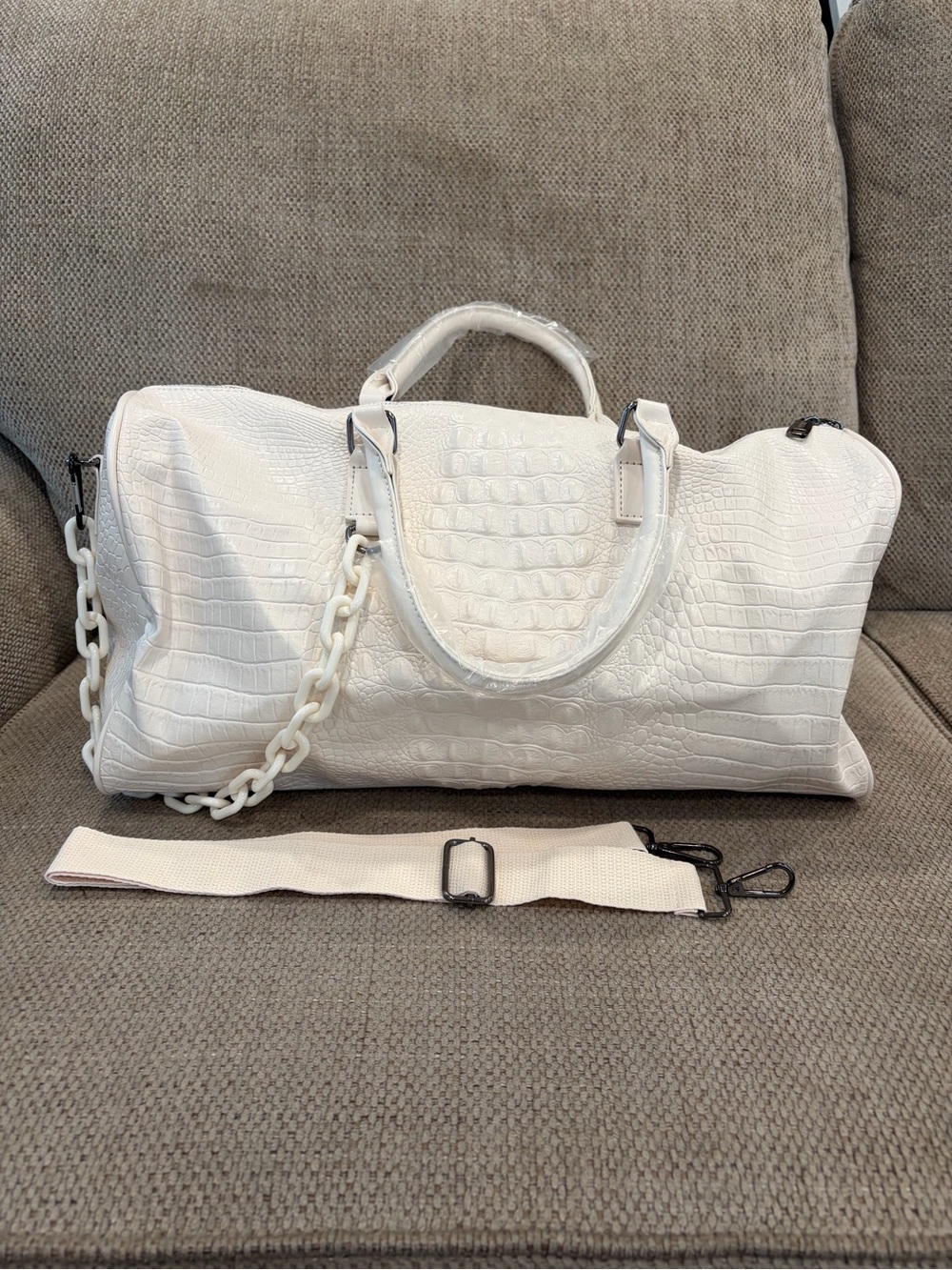Brand new Privata White Croc-Embossed Travel Duffel Bag with Chain Detail